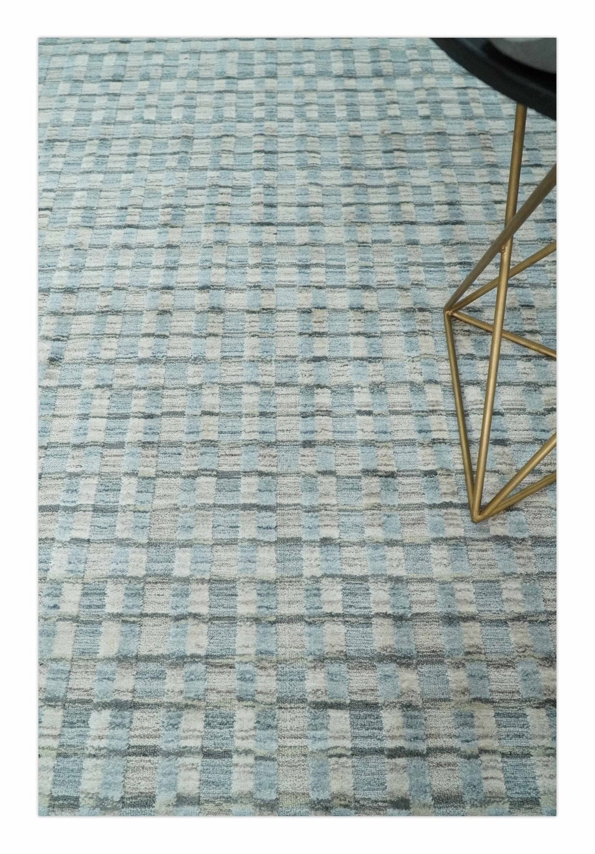 8x10 Hand Made Checkered Blue and Ivory Blended Wool Area Rug