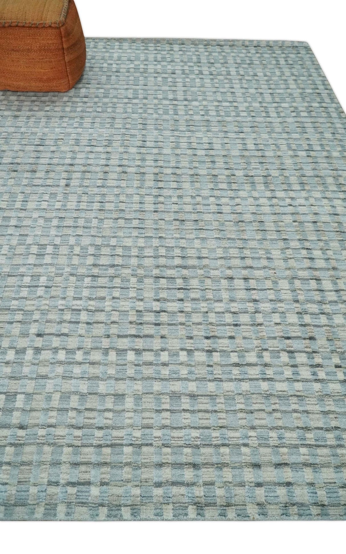 8x10 Hand Made Checkered Blue and Ivory Blended Wool Area Rug