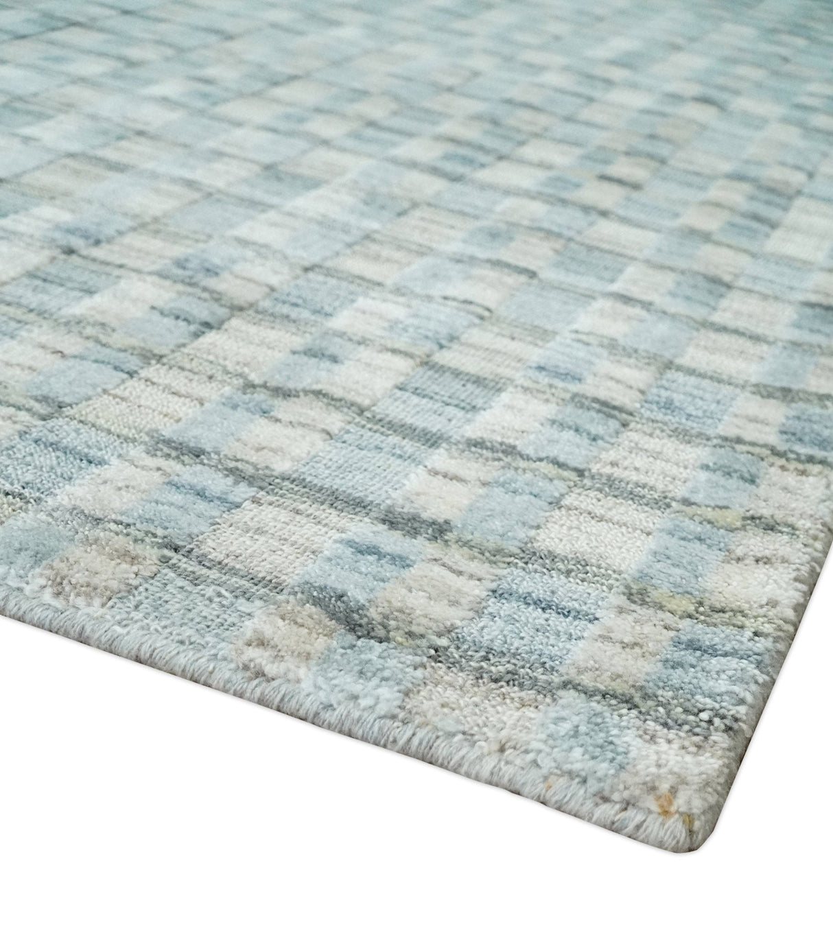 8x10 Hand Made Checkered Blue and Ivory Blended Wool Area Rug