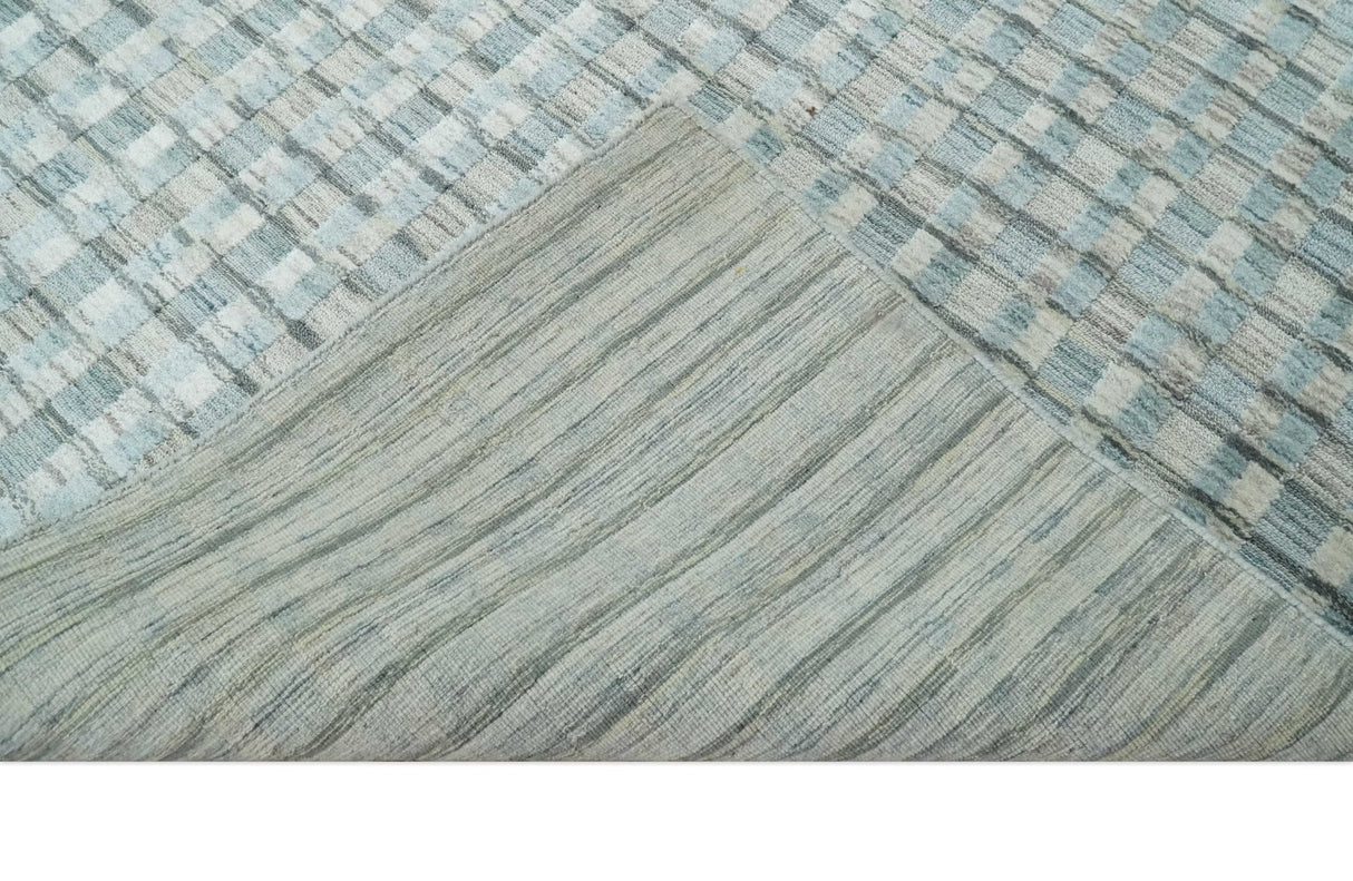 8x10 Hand Made Checkered Blue and Ivory Blended Wool Area Rug