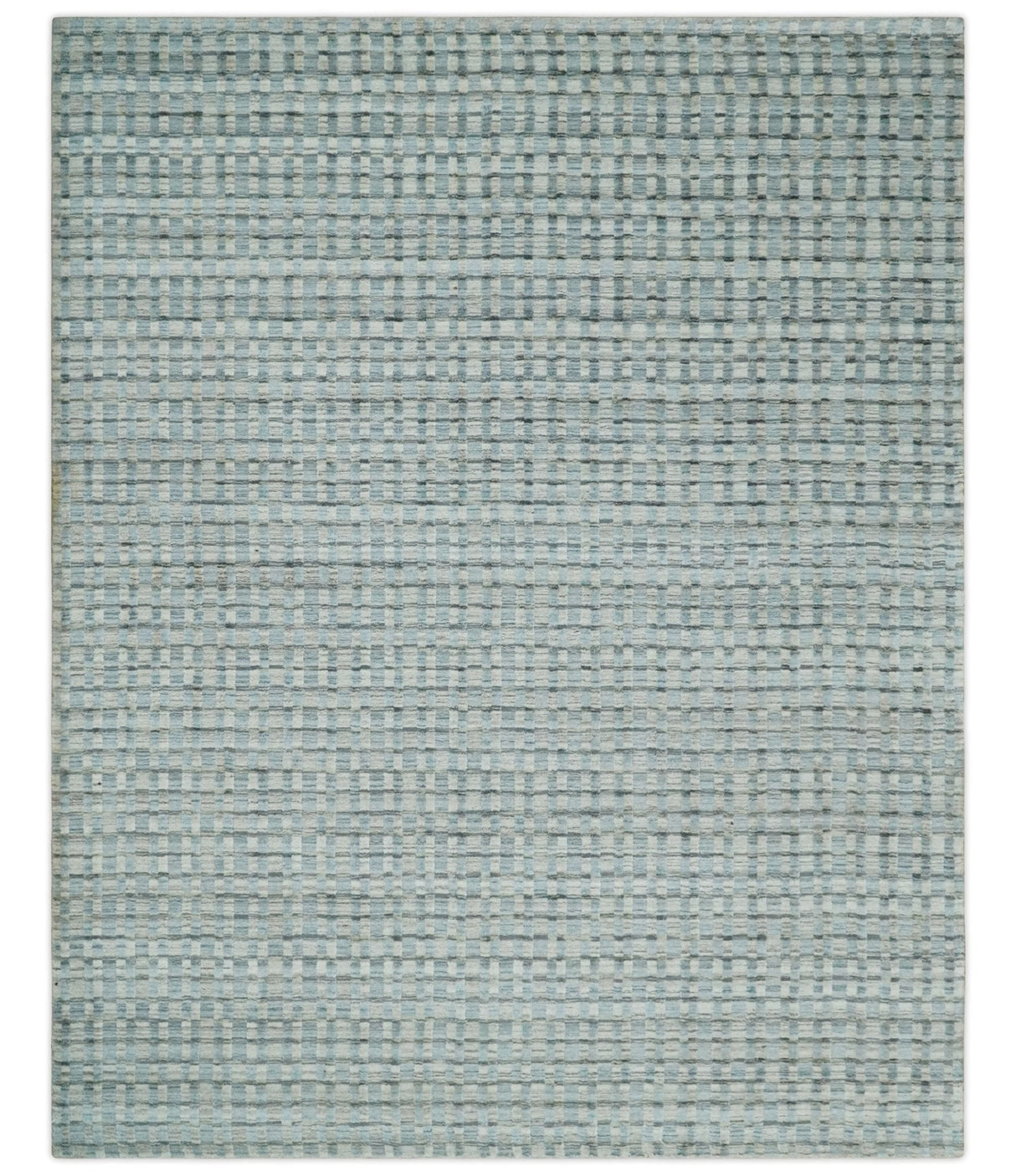8x10 Hand Made Checkered Blue and Ivory Blended Wool Area Rug