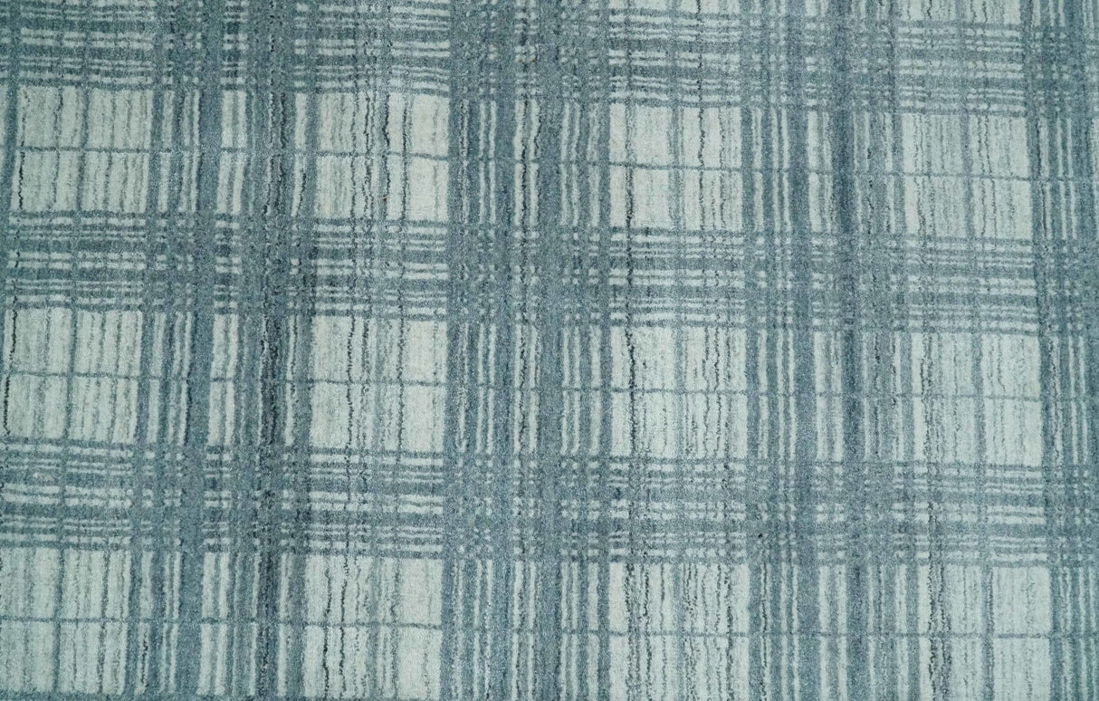 8x10 Hand Made Checkered Ivory and Blue Blended Wool Flatwoven Area Rug