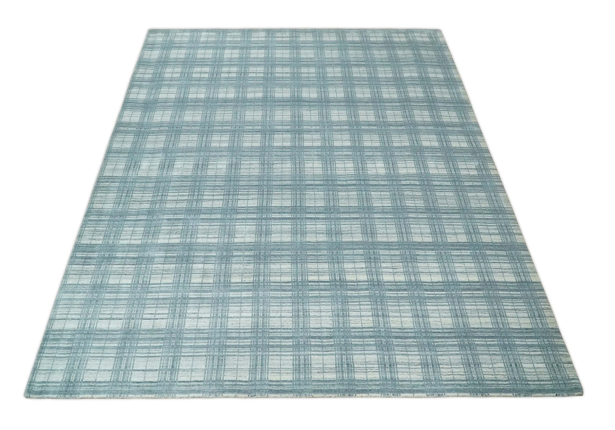8x10 Hand Made Checkered Ivory and Blue Blended Wool Flatwoven Area Rug