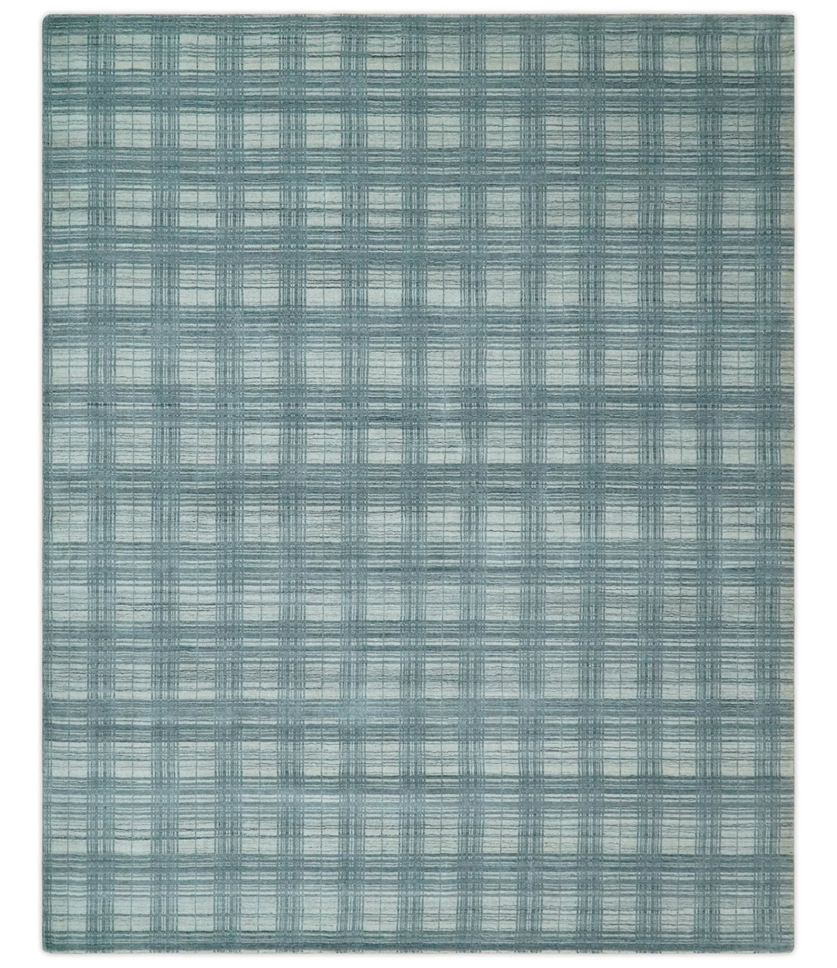 8x10 Hand Made Checkered Ivory and Blue Blended Wool Flatwoven Area Rug