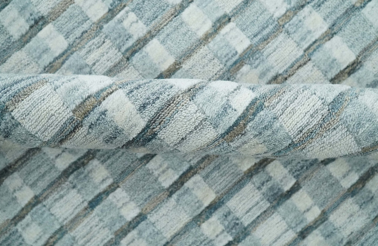 8x10 Hand Made Checkered Ivory, Teal and Gray Blended Wool Flatwoven Area Rug