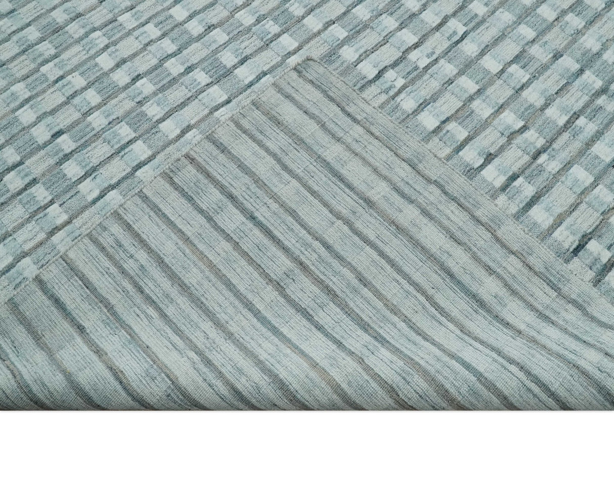 8x10 Hand Made Checkered Ivory, Teal and Gray Blended Wool Flatwoven Area Rug
