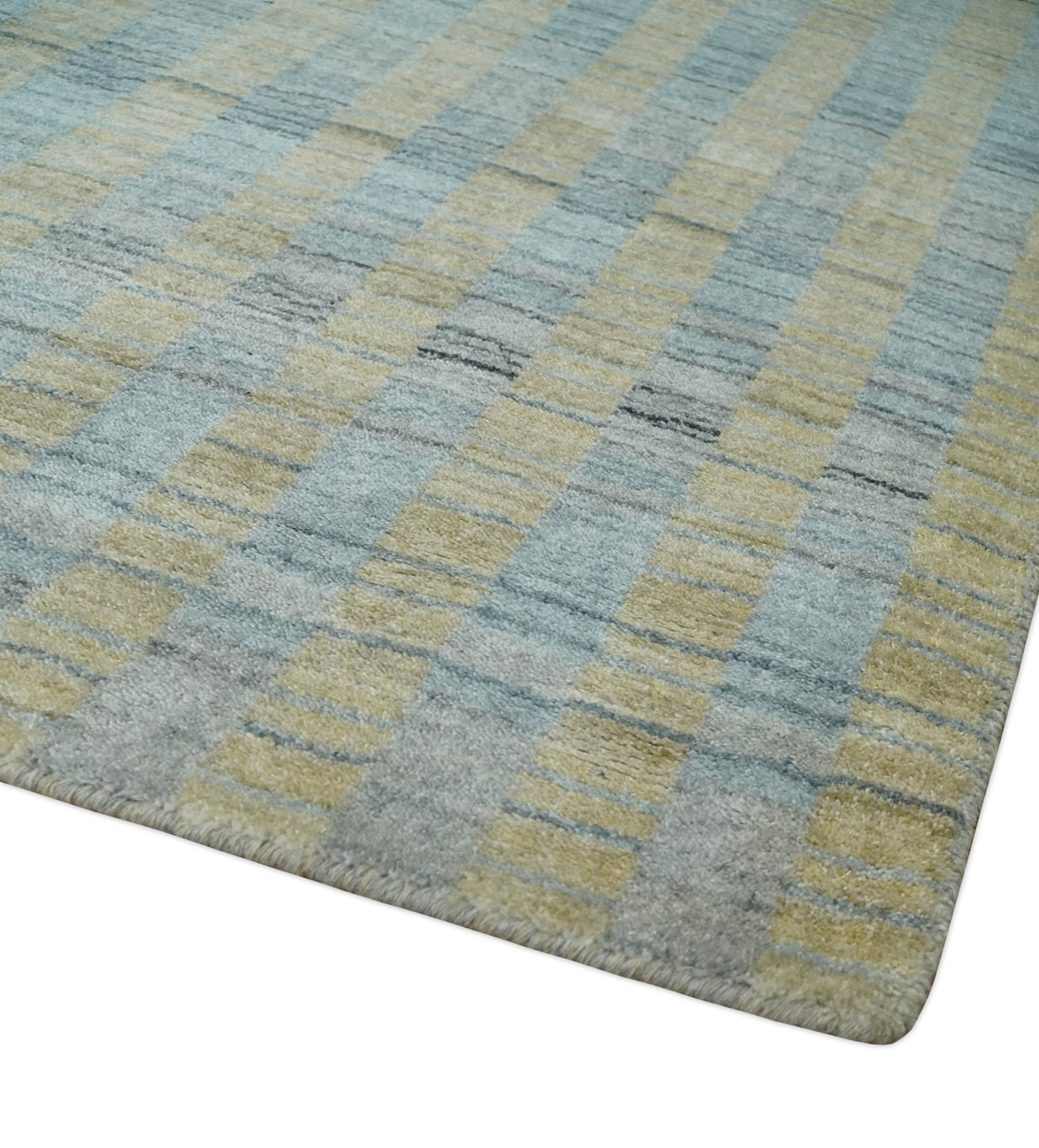 8x10 Hand Made Modern Stripes Camel and Silver Blended Wool Flatwoven Area Rug