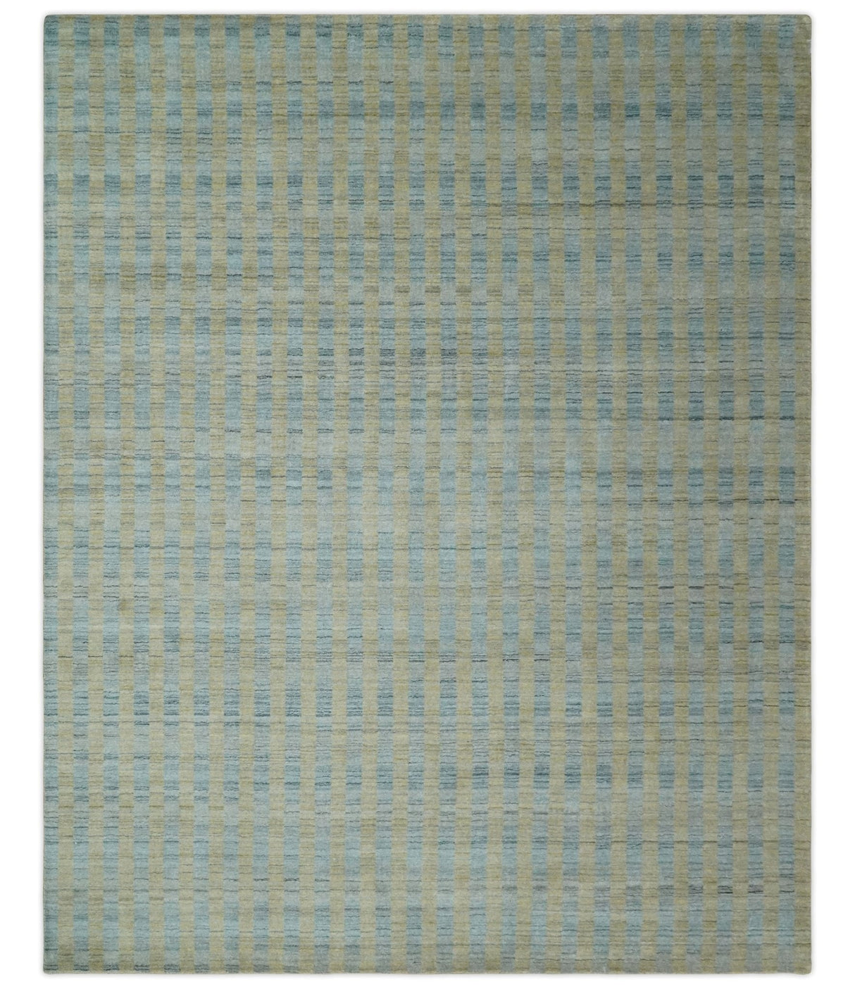 8x10 Hand Made Modern Stripes Camel and Silver Blended Wool Flatwoven Area Rug