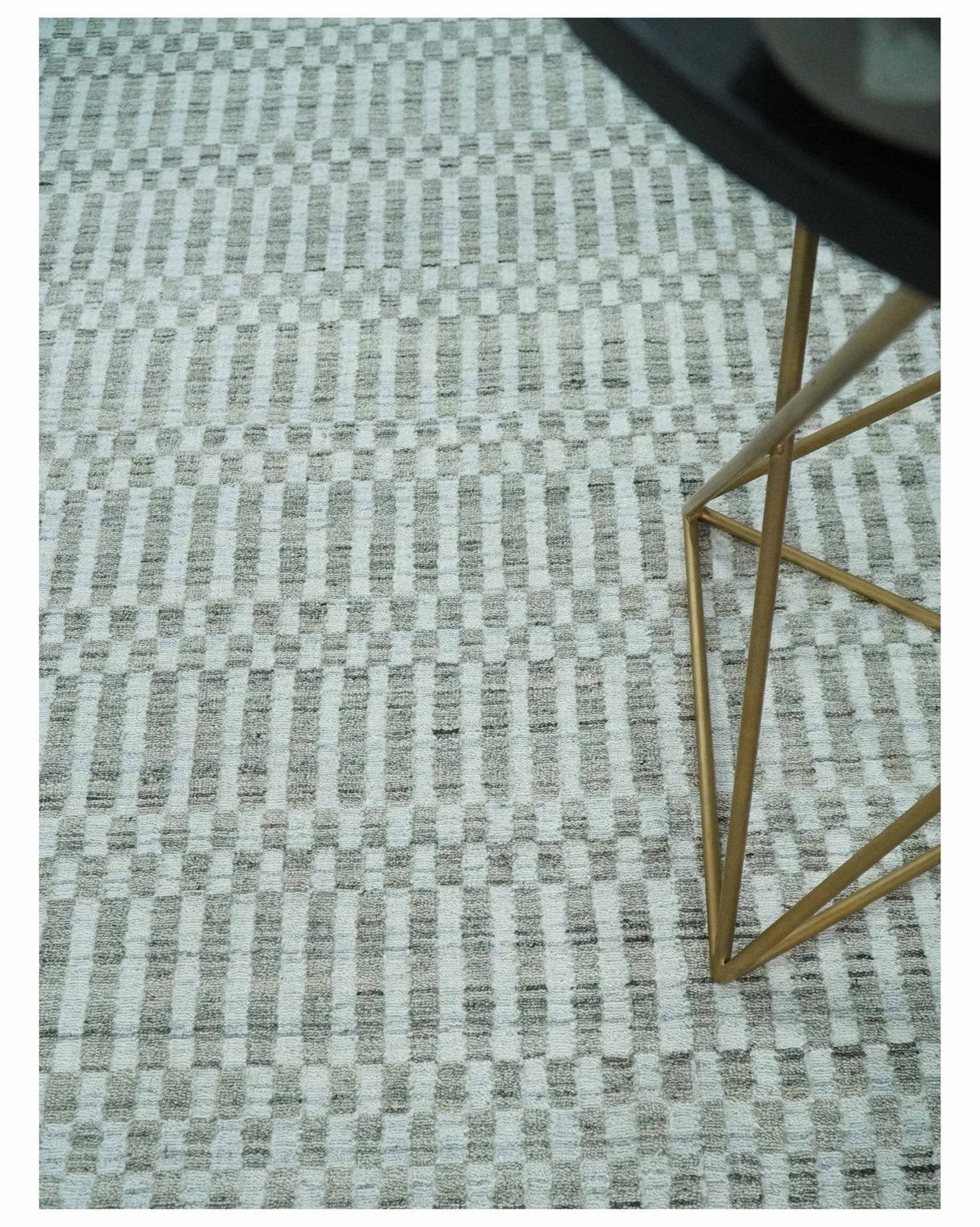 8x10 Hand Made Modern Trellis Ivory and Brown Wool Flatwoven Area Rug