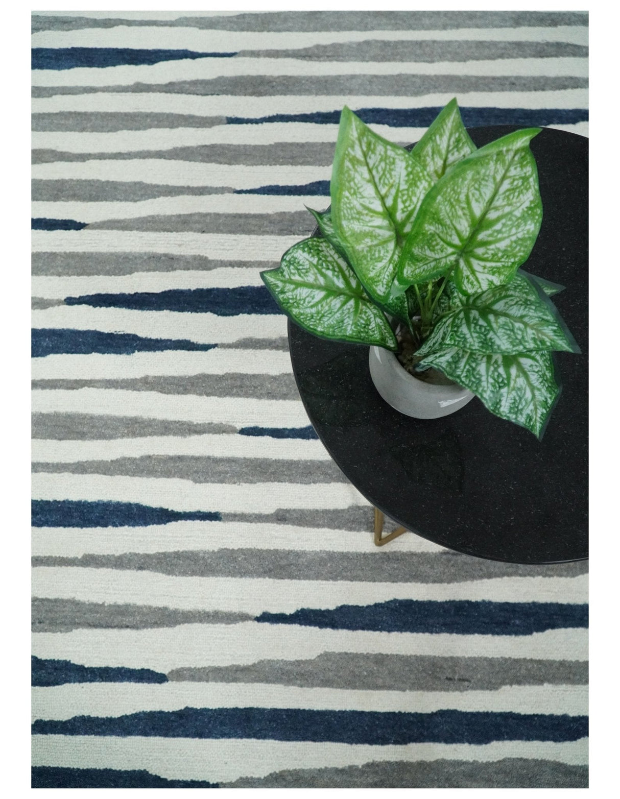 8x10 Hand Tufted White, Blue and Camel Modern Stripe Wool Area Rug