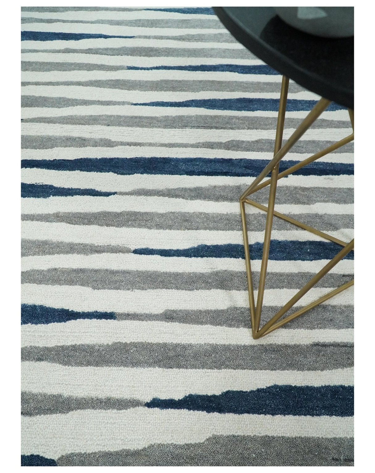 8x10 Hand Tufted White, Blue and Camel Modern Stripe Wool Area Rug
