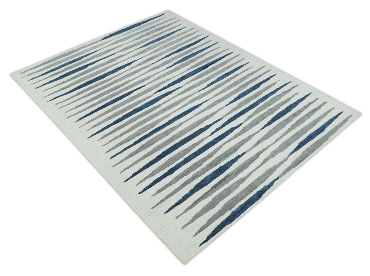 8x10 Hand Tufted White, Blue and Camel Modern Stripe Wool Area Rug