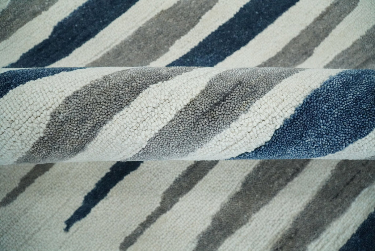 8x10 Hand Tufted White, Blue and Camel Modern Stripe Wool Area Rug