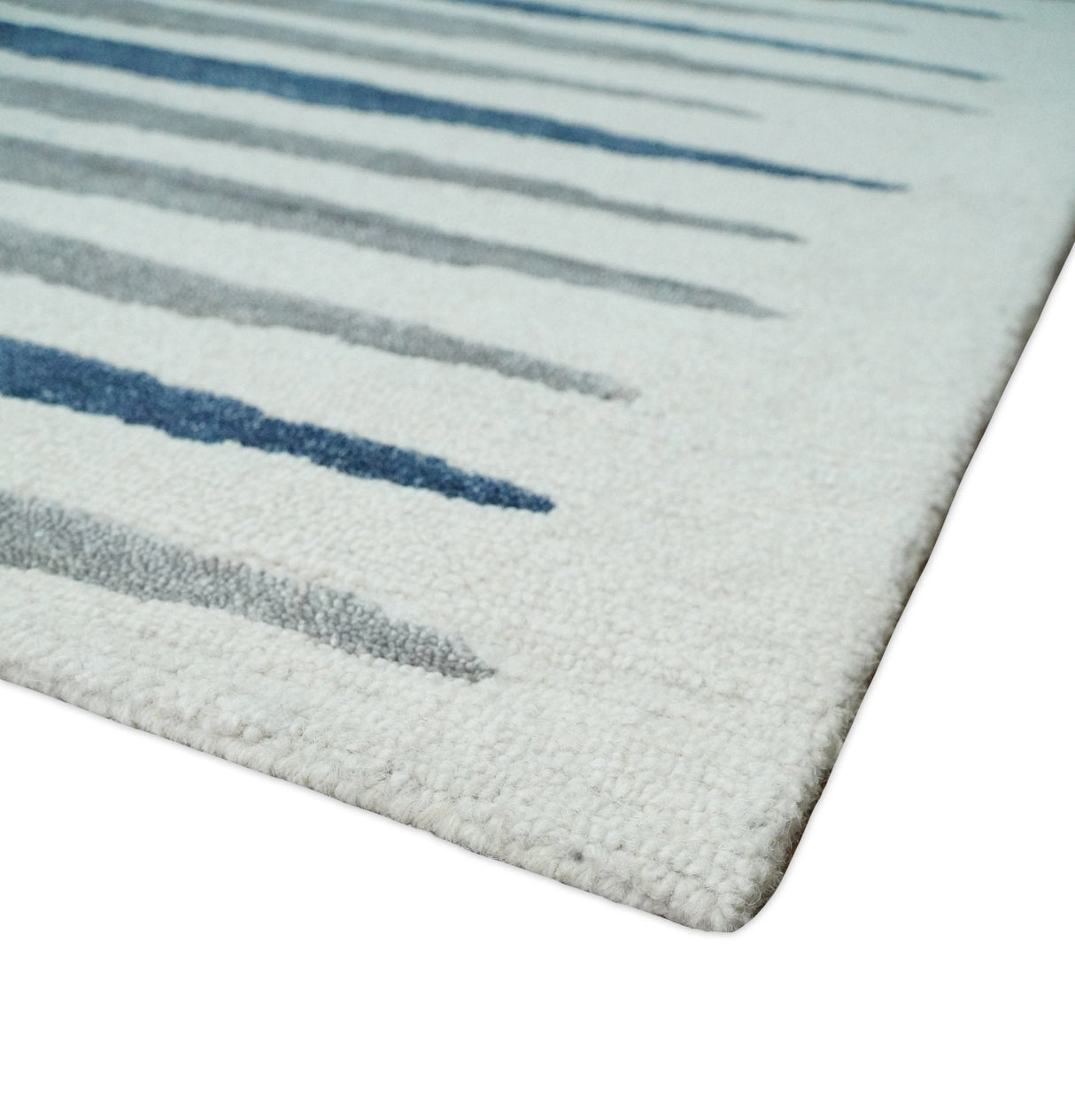 8x10 Hand Tufted White, Blue and Camel Modern Stripe Wool Area Rug