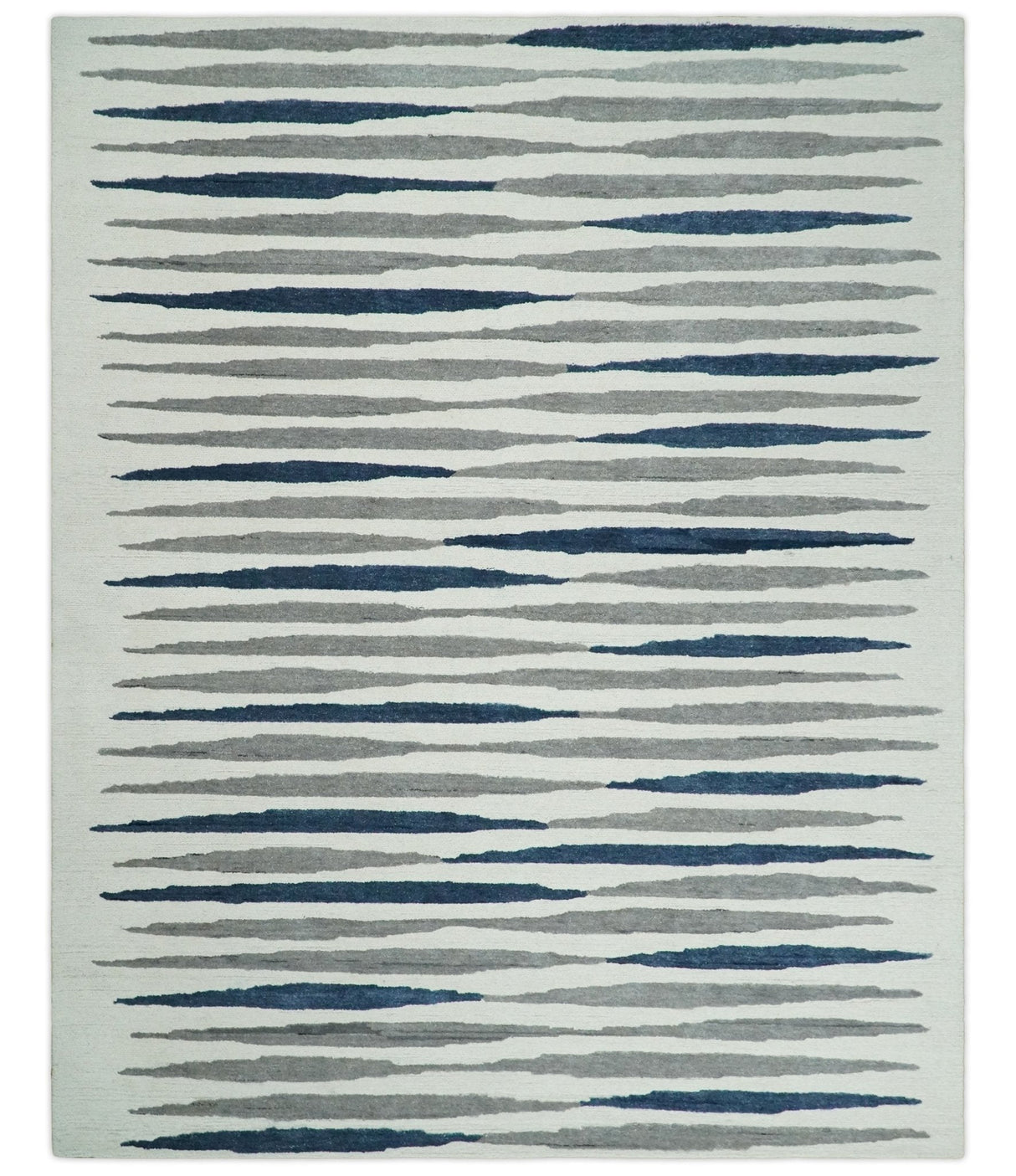 8x10 Hand Tufted White, Blue and Camel Modern Stripe Wool Area Rug