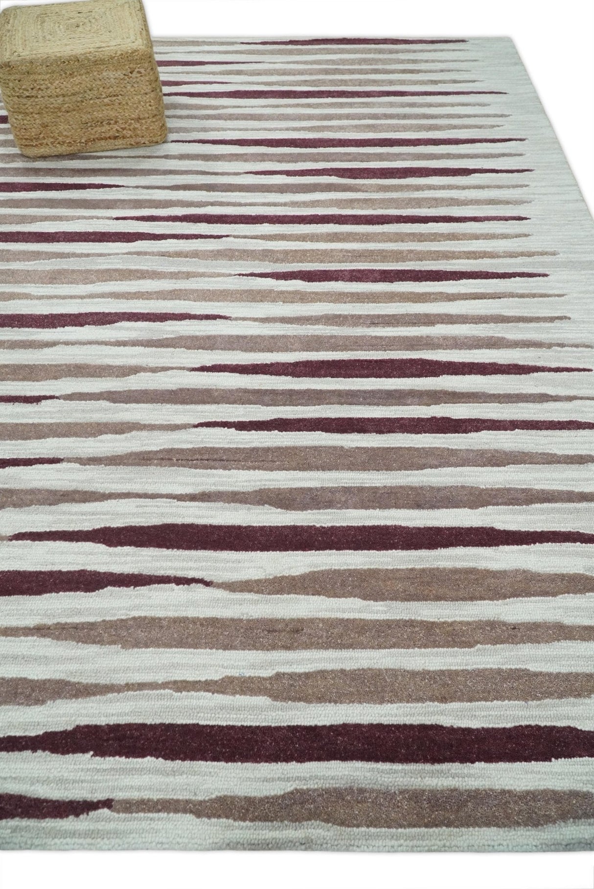 8x10 Ivory and Pink Hand Tufted Modern Scandinavian Stripe Wool Area Rug