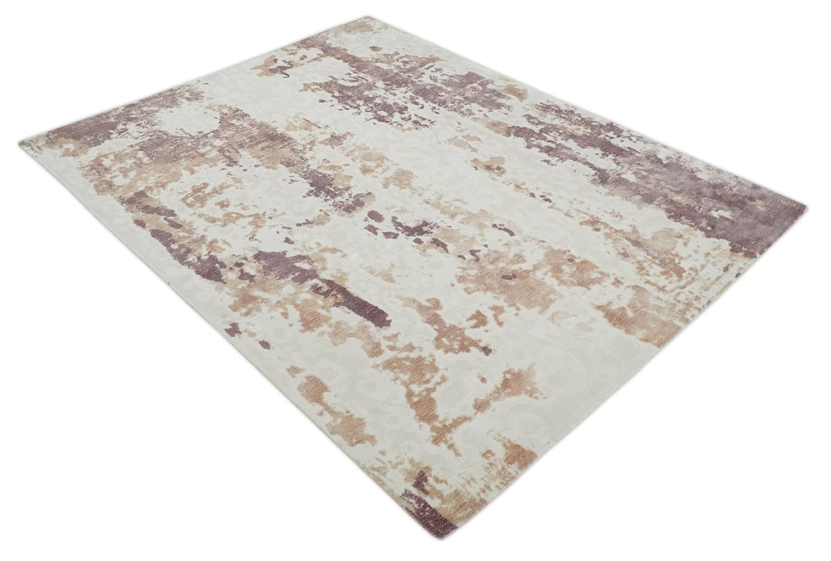 8x10 Ivory, Peach and Maroon Hand Carved Modern Abstract Hand Loomed Blended wool and Art silk Area Rug-Area Rug-Parc Decor