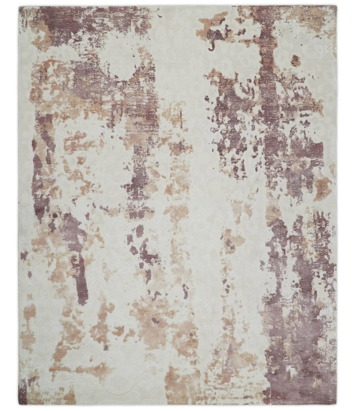 8x10 Ivory, Peach and Maroon Hand Carved Modern Abstract Hand Loomed Blended wool and Art silk Area Rug-Area Rug-Parc Decor