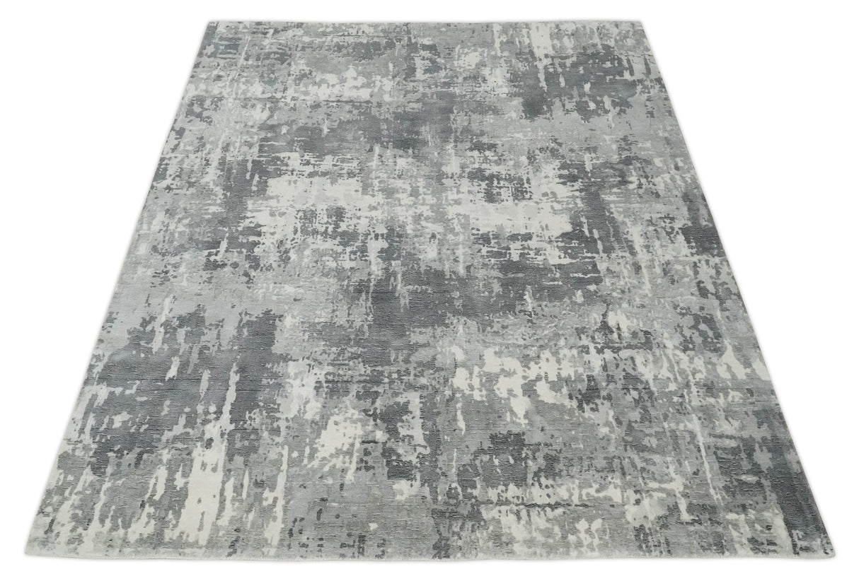 8x10 Ivory, Silver and Charcoal Modern Abstract Hand Loomed Blended wool and Art silk Area Rug-Area Rug-Parc Decor