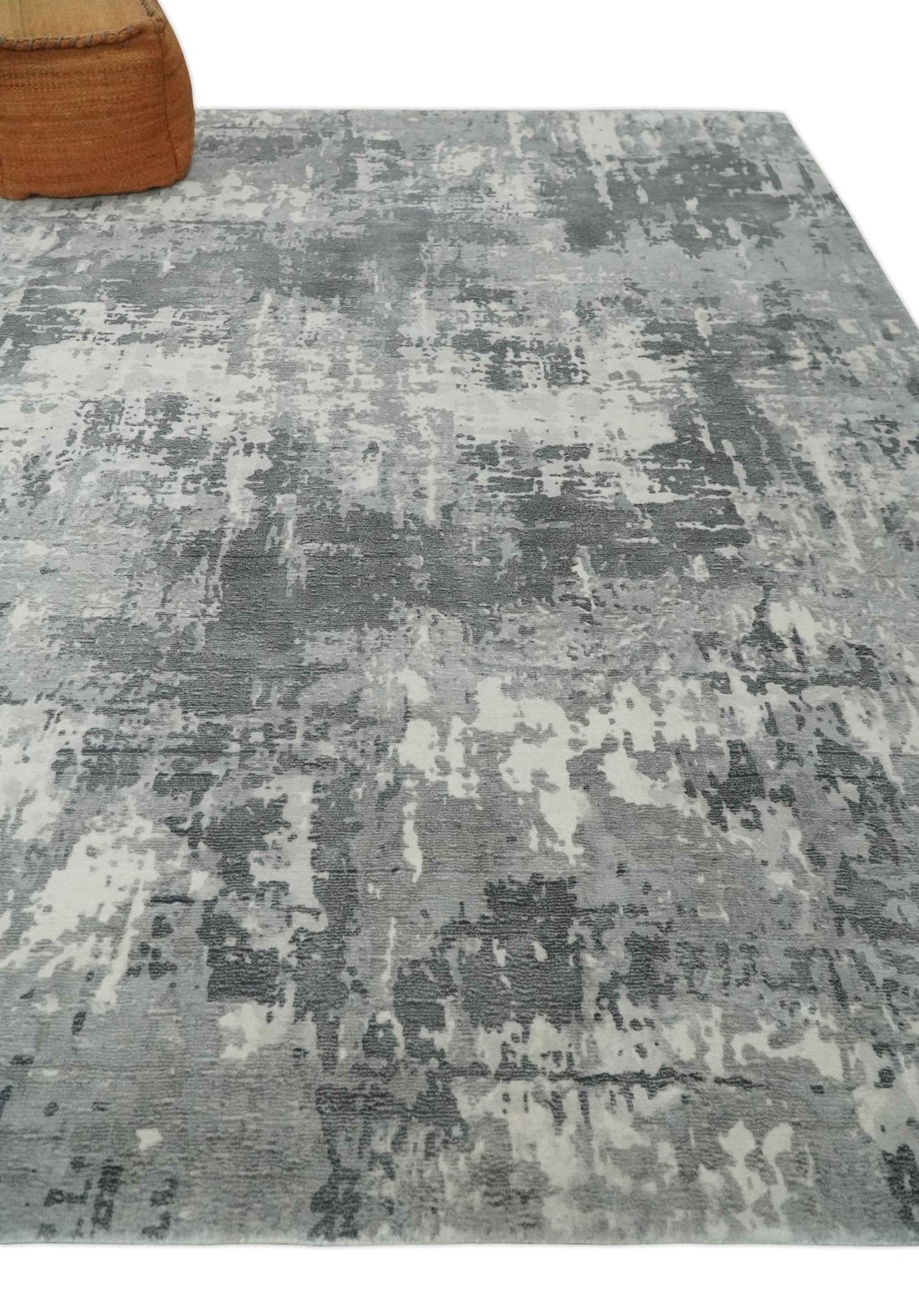 8x10 Ivory, Silver and Charcoal Modern Abstract Hand Loomed Blended wool and Art silk Area Rug-Area Rug-Parc Decor