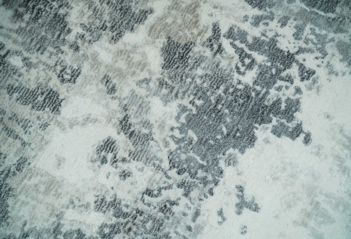 8x10 Ivory, Silver and Charcoal Modern Abstract Hand Loomed Blended wool and Art silk Area Rug-Area Rug-Parc Decor