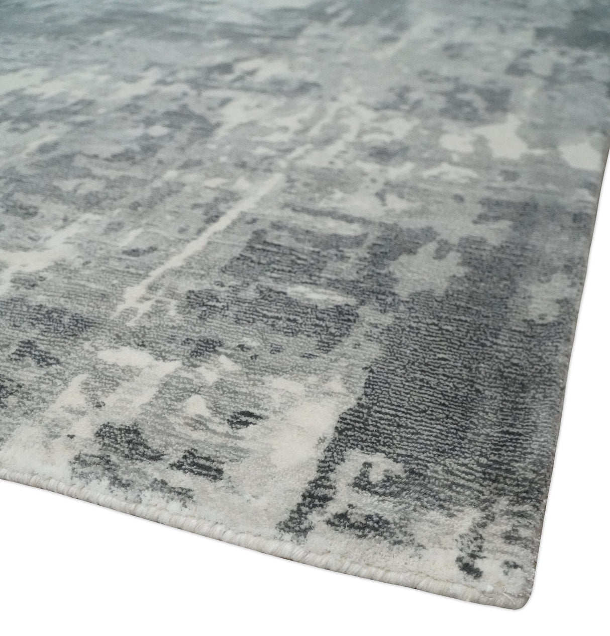 8x10 Ivory, Silver and Charcoal Modern Abstract Hand Loomed Blended wool and Art silk Area Rug-Area Rug-Parc Decor