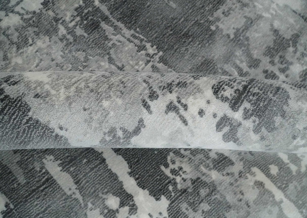 8x10 Ivory, Silver and Charcoal Modern Abstract Hand Loomed Blended wool and Art silk Area Rug-Area Rug-Parc Decor