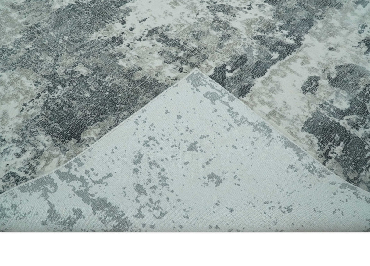 8x10 Ivory, Silver and Charcoal Modern Abstract Hand Loomed Blended wool and Art silk Area Rug-Area Rug-Parc Decor