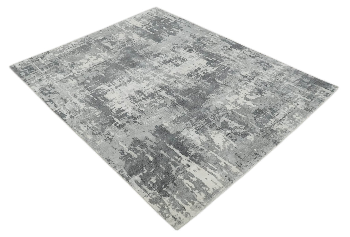 8x10 Ivory, Silver and Charcoal Modern Abstract Hand Loomed Blended wool and Art silk Area Rug-Area Rug-Parc Decor