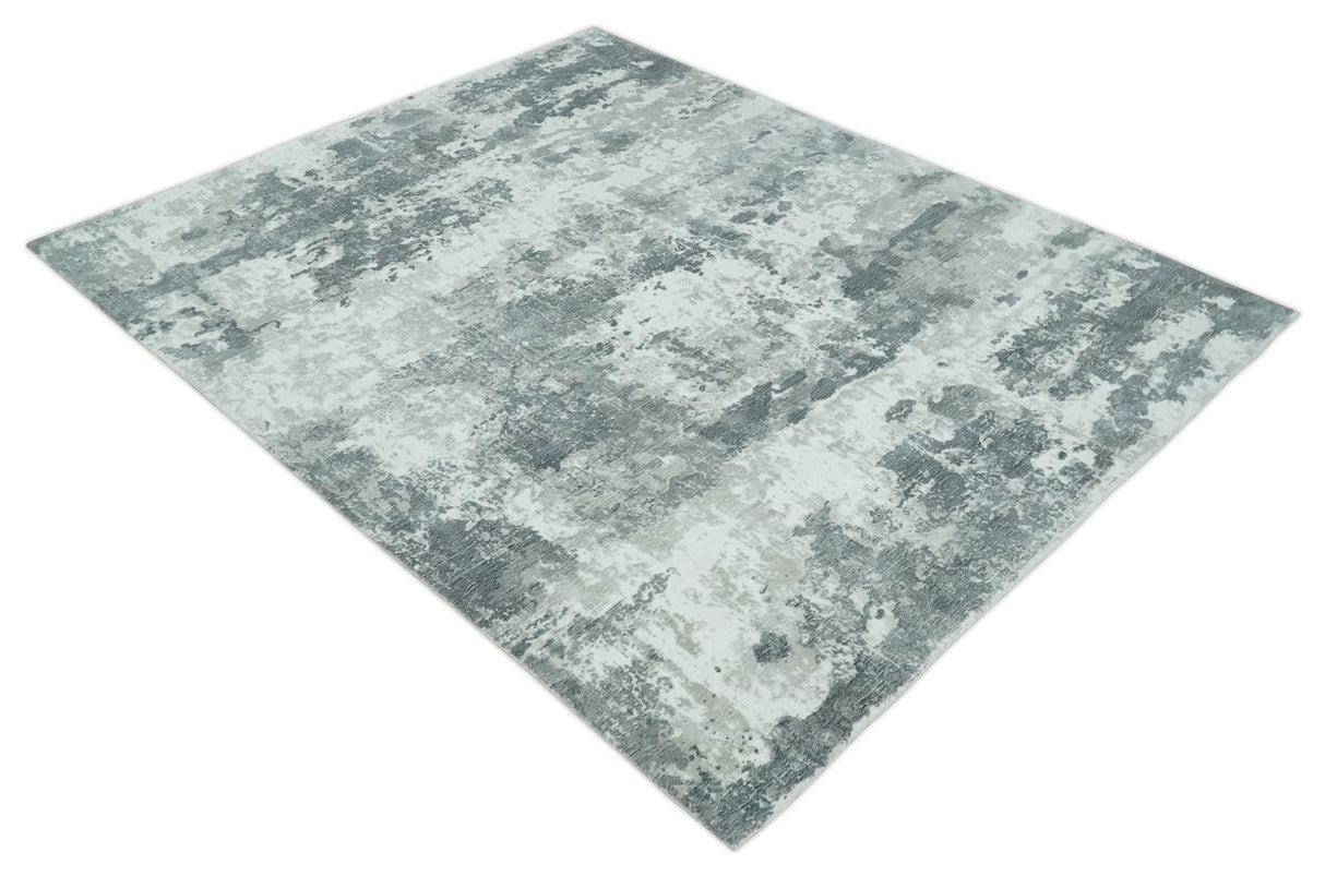 8x10 Ivory, Silver and Charcoal Modern Abstract Hand Loomed Blended wool and Art silk Area Rug-Area Rug-Parc Decor
