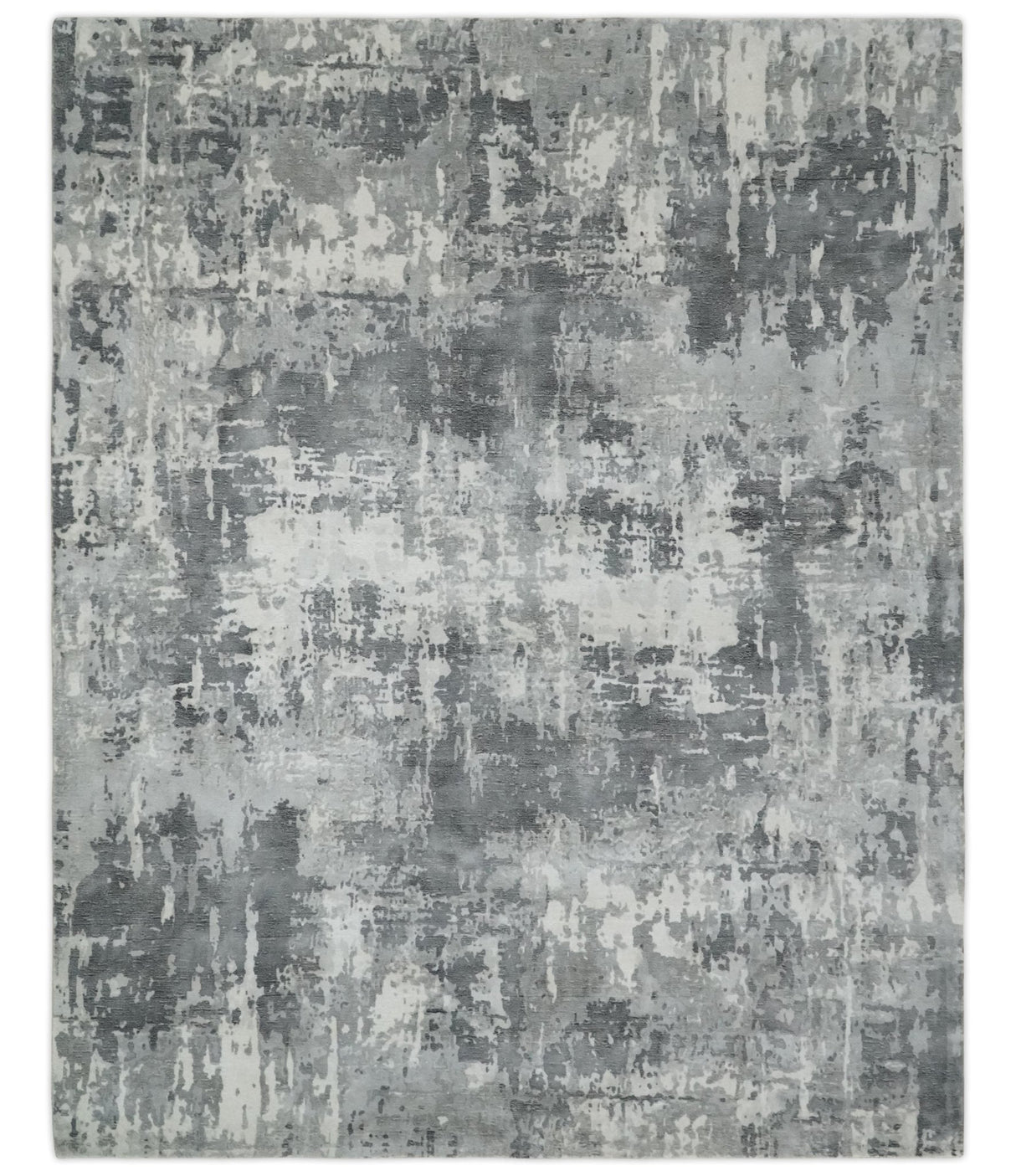 8x10 Ivory, Silver and Charcoal Modern Abstract Hand Loomed Blended wool and Art silk Area Rug-Area Rug-Parc Decor