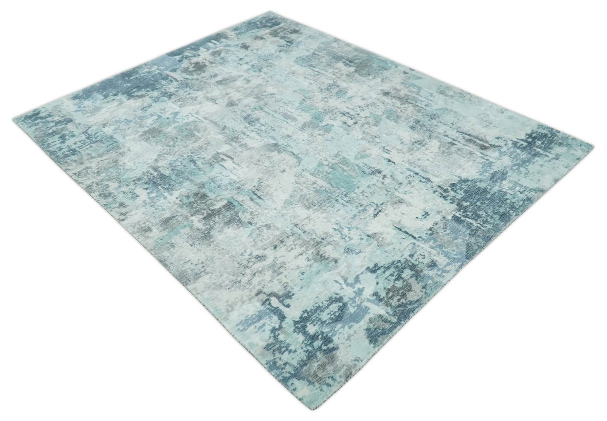 8x10 Ivory, Silver and Teal Modern Abstract Hand Loomed Blended wool and Art silk Area Rug-Area Rug-Parc Decor