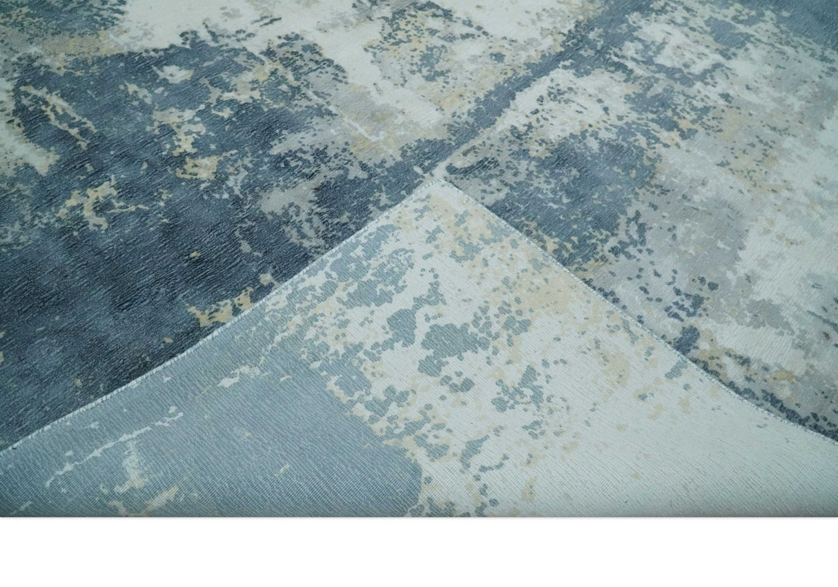 8x10 Ivory, Teal and Beige Modern Abstract Hand Loomed Blended wool and Art silk Area Rug-Area Rug-Parc Decor