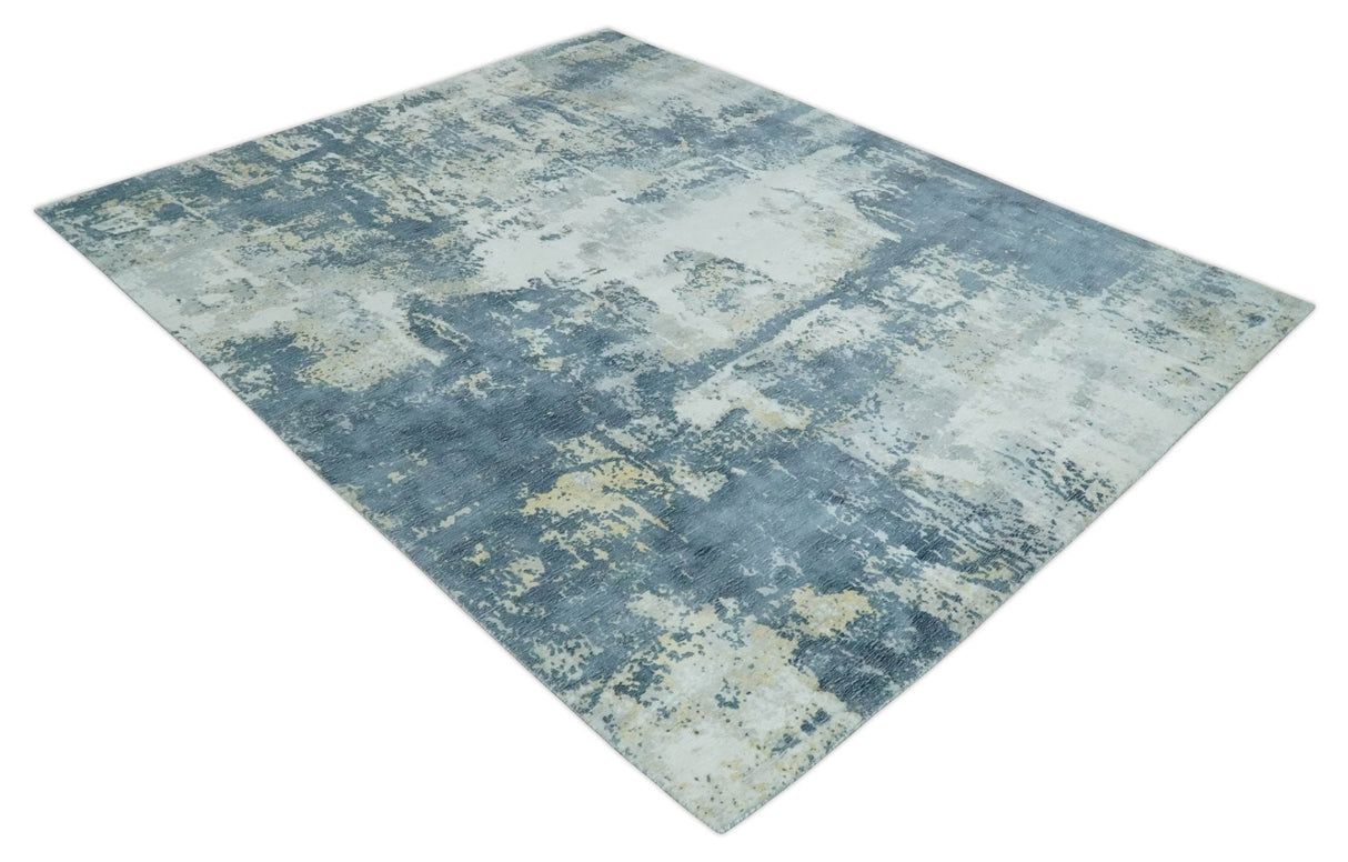 8x10 Ivory, Teal and Beige Modern Abstract Hand Loomed Blended wool and Art silk Area Rug-Area Rug-Parc Decor