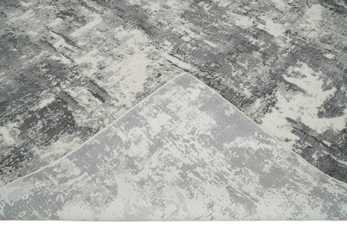 8x10 Modern Abstract Blended wool and Art silk Ivory, Silver and Charcoal Hand Loomed Area Rug-Area Rug-Parc Decor