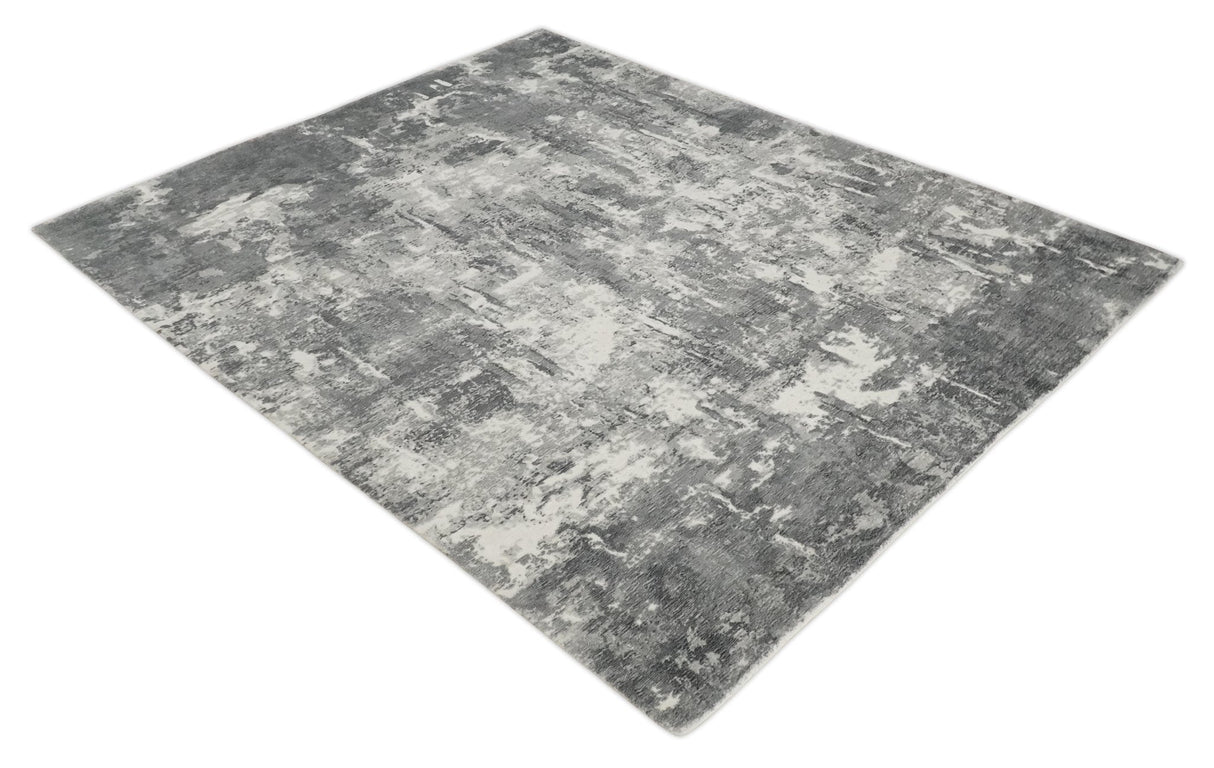 8x10 Modern Abstract Blended wool and Art silk Ivory, Silver and Charcoal Hand Loomed Area Rug-Area Rug-Parc Decor