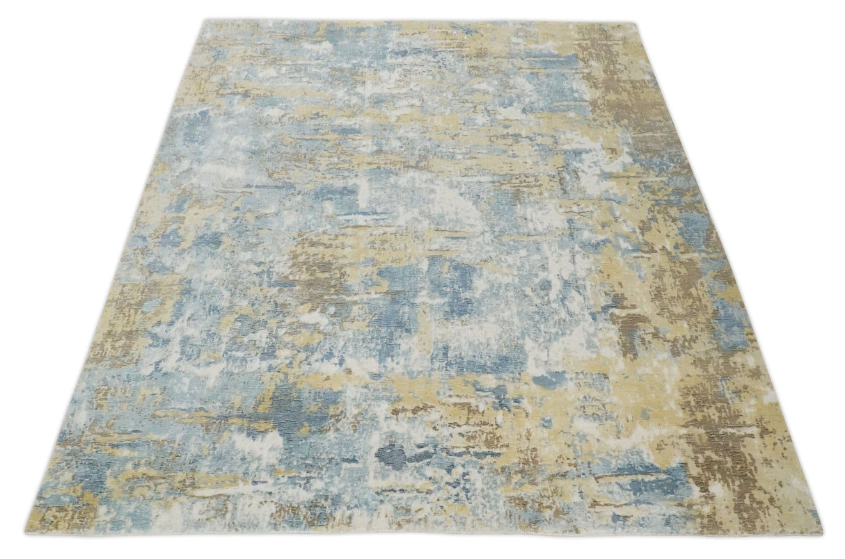 8x10 Modern Abstract Blended wool and Art silk Ivory, Teal and Beige Hand Loomed Area Rug-Area Rug-Parc Decor