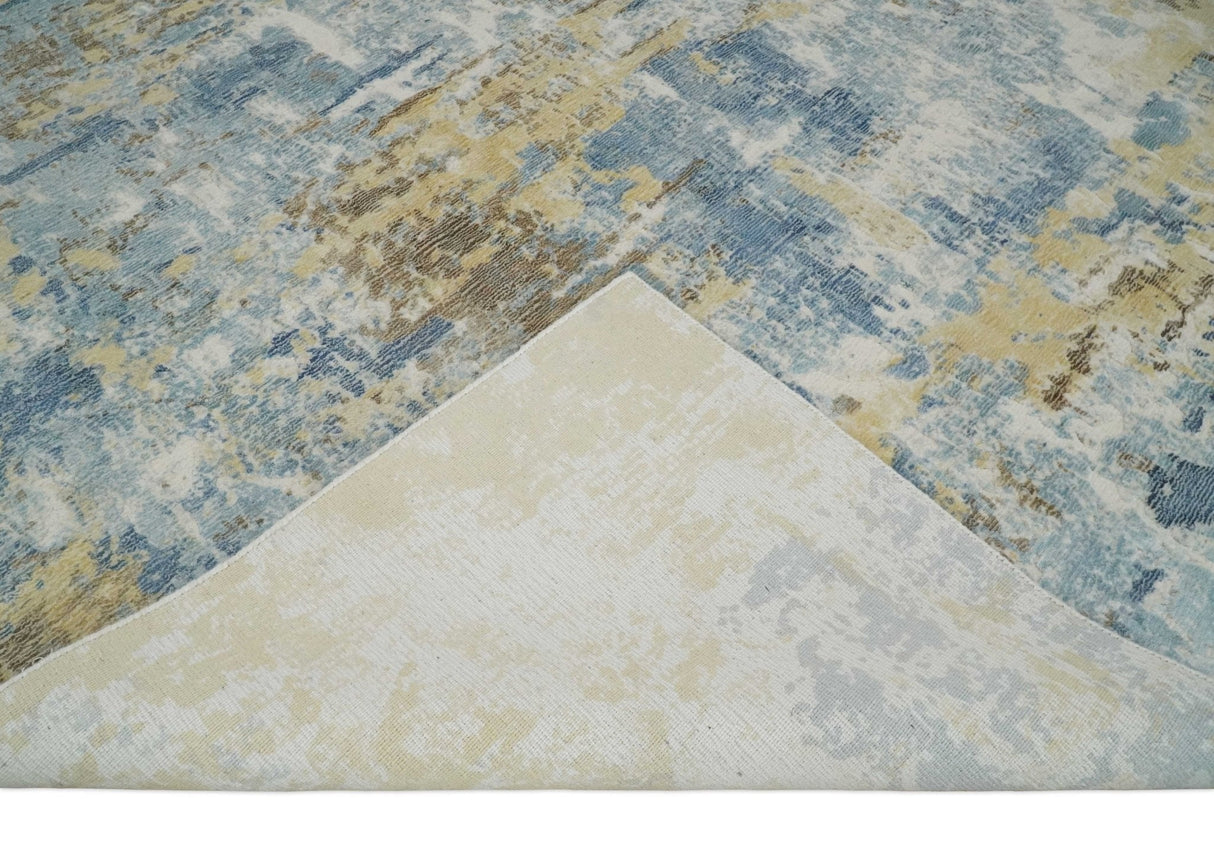 8x10 Modern Abstract Blended wool and Art silk Ivory, Teal and Beige Hand Loomed Area Rug-Area Rug-Parc Decor