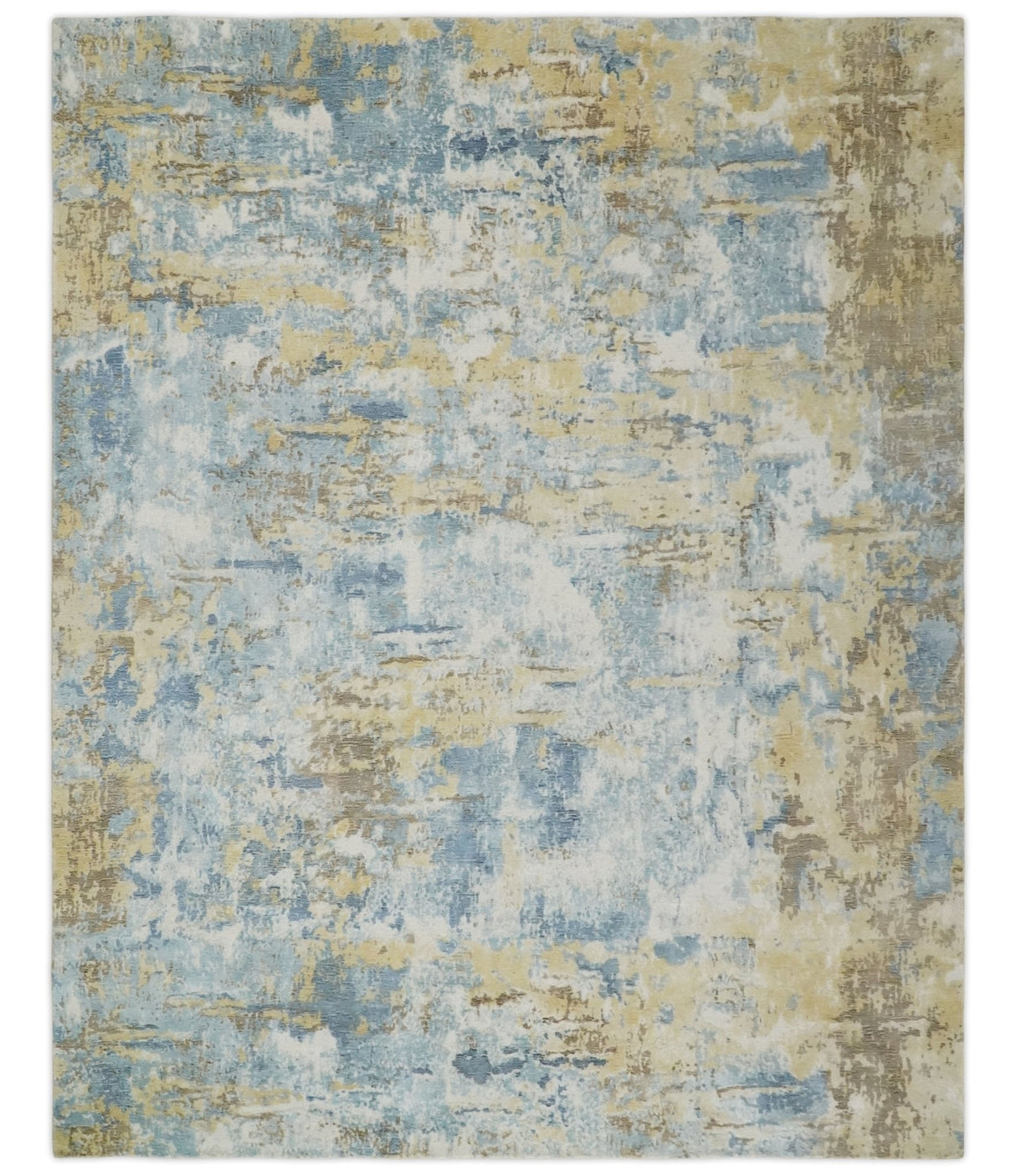 8x10 Modern Abstract Blended wool and Art silk Ivory, Teal and Beige Hand Loomed Area Rug-Area Rug-Parc Decor