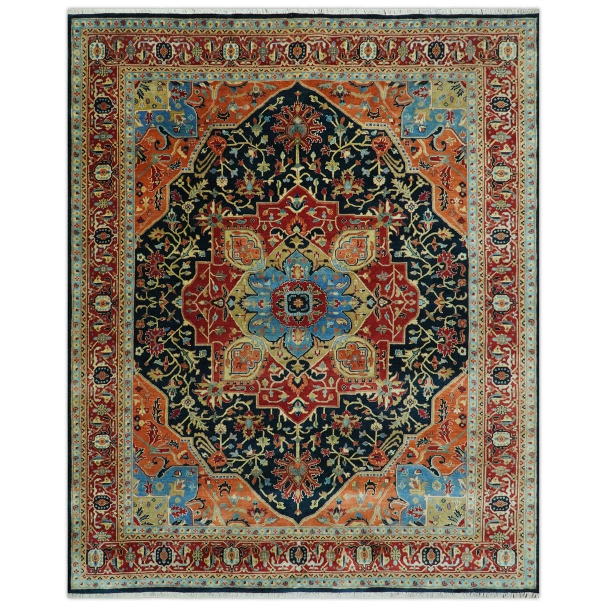 8x10 Rust and Blue Fine Hand Knotted Traditional Heriz Medallion wool area rug