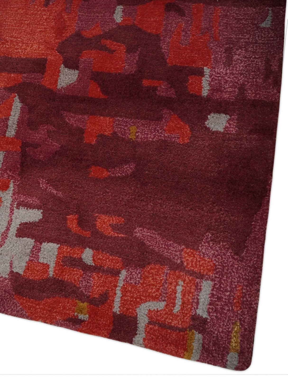 8x11 Red, Rust and Silver Modern Abstract Handmade Wool and Art Silk Area Rug | BAN1-Area Rug-Parc Decor