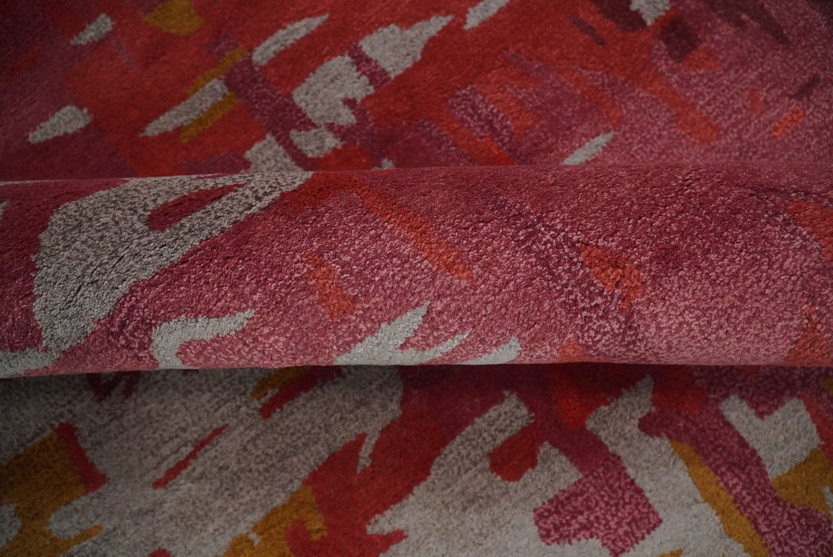 8x11 Red, Rust and Silver Modern Abstract Handmade Wool and Art Silk Area Rug | BAN1-Area Rug-Parc Decor