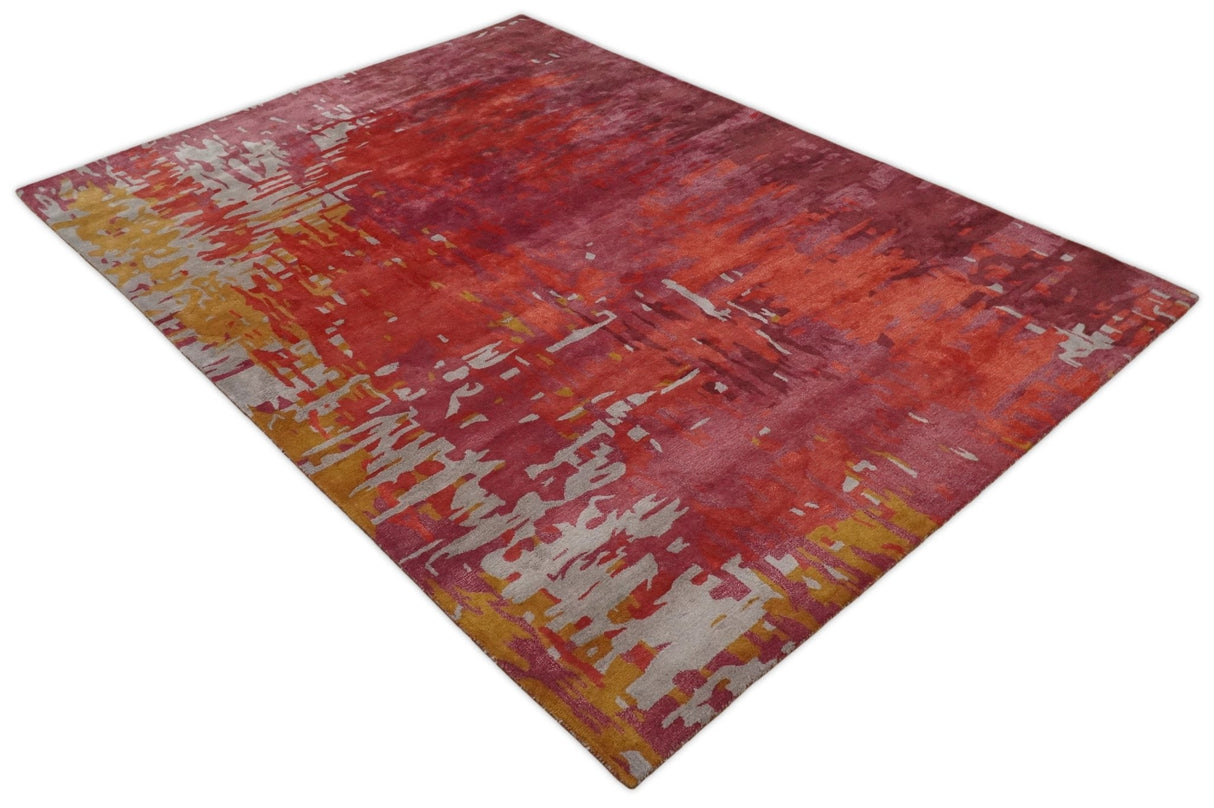 8x11 Red, Rust and Silver Modern Abstract Handmade Wool and Art Silk Area Rug | BAN1-Area Rug-Parc Decor