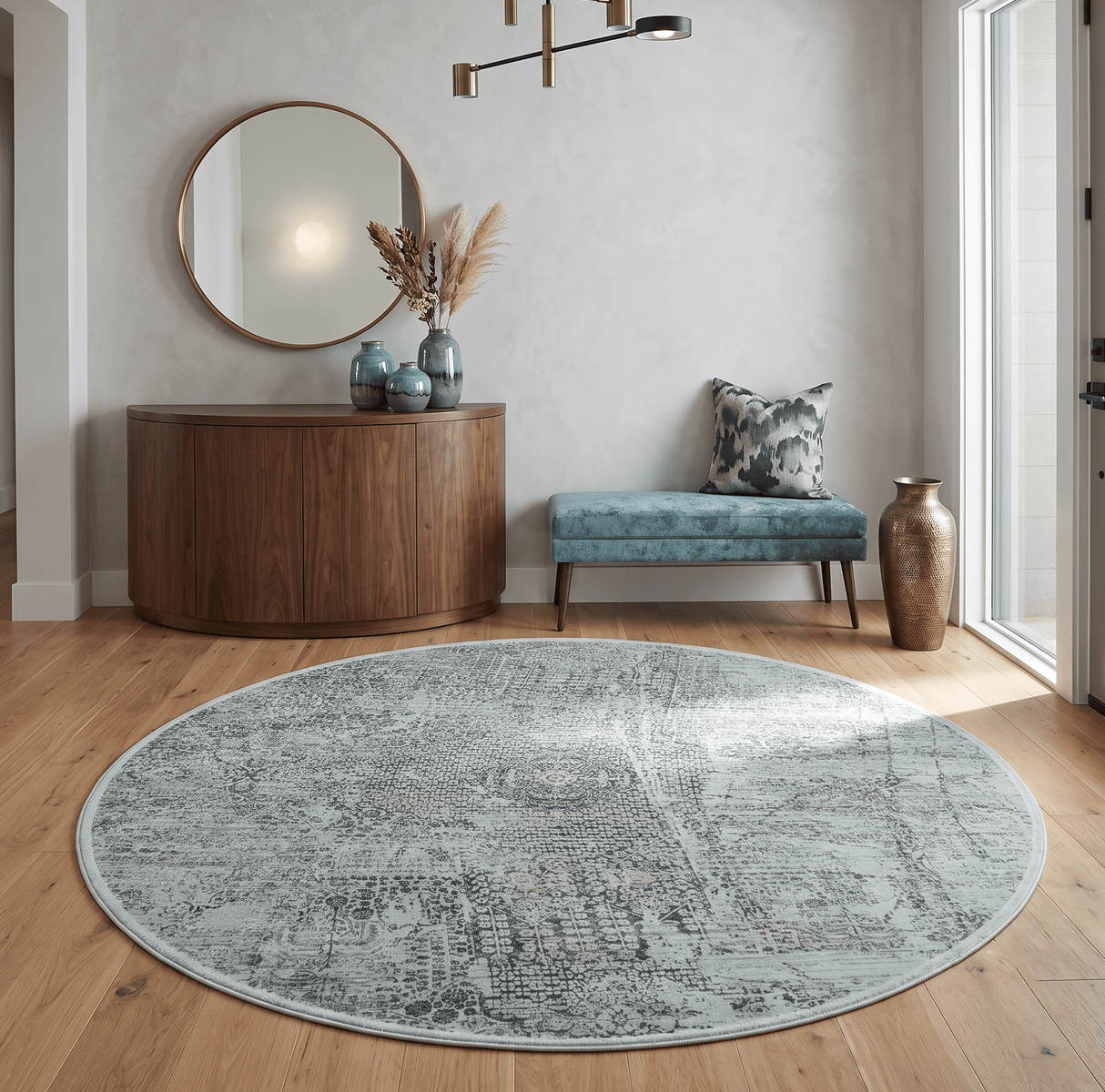 8x8 Round Beige, Gray and Charcoal Antique Finish Vintage look Art Silk Area Rug