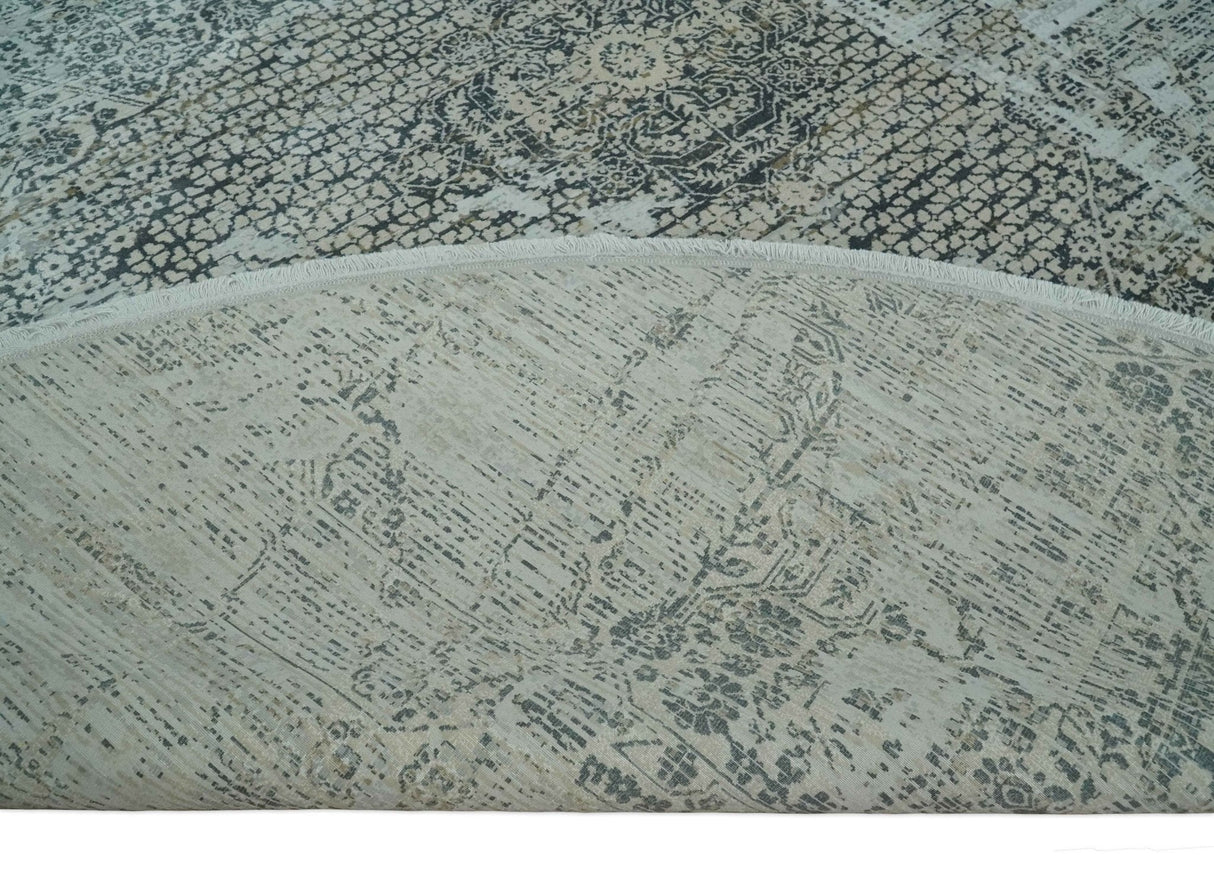 8x8 Round Beige, Gray and Charcoal Antique Finish Vintage look Art Silk Area Rug