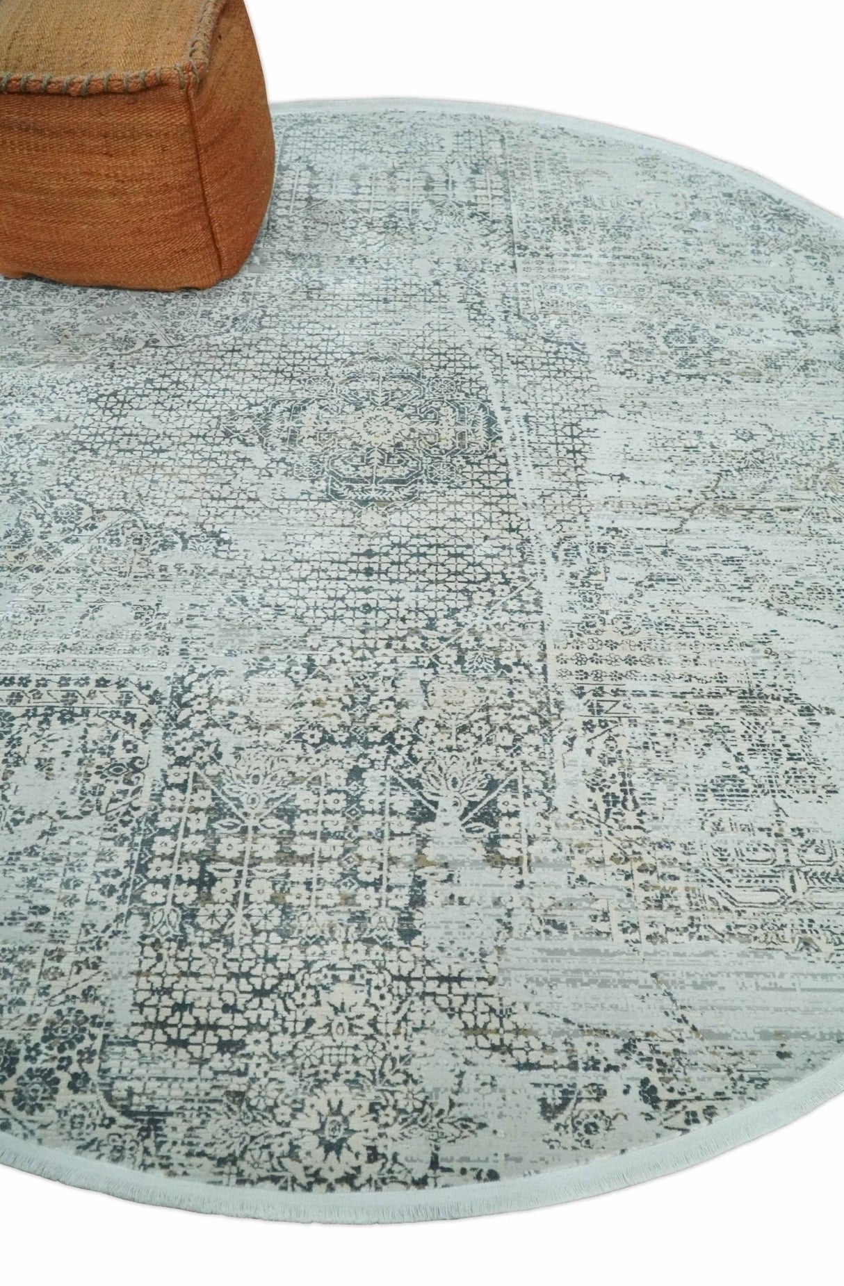 8x8 Round Beige, Gray and Charcoal Antique Finish, Vintage look, Art Silk Area Rug, Living Room Rug | TRDMM8-Area Rug-Parc Decor