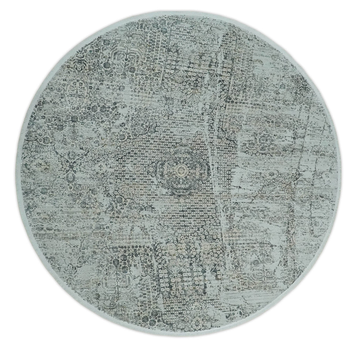 8x8 Round Beige, Gray and Charcoal Antique Finish Vintage look Art Silk Area Rug