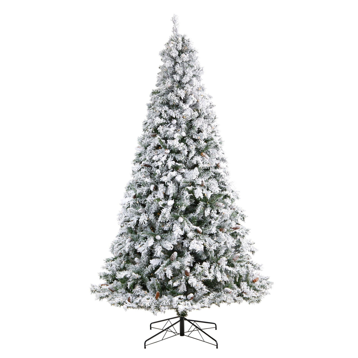9' Flocked White River Mountain Pine Christmas Tree with Pinecones and 650 Clear LED Lights-Parc Decor