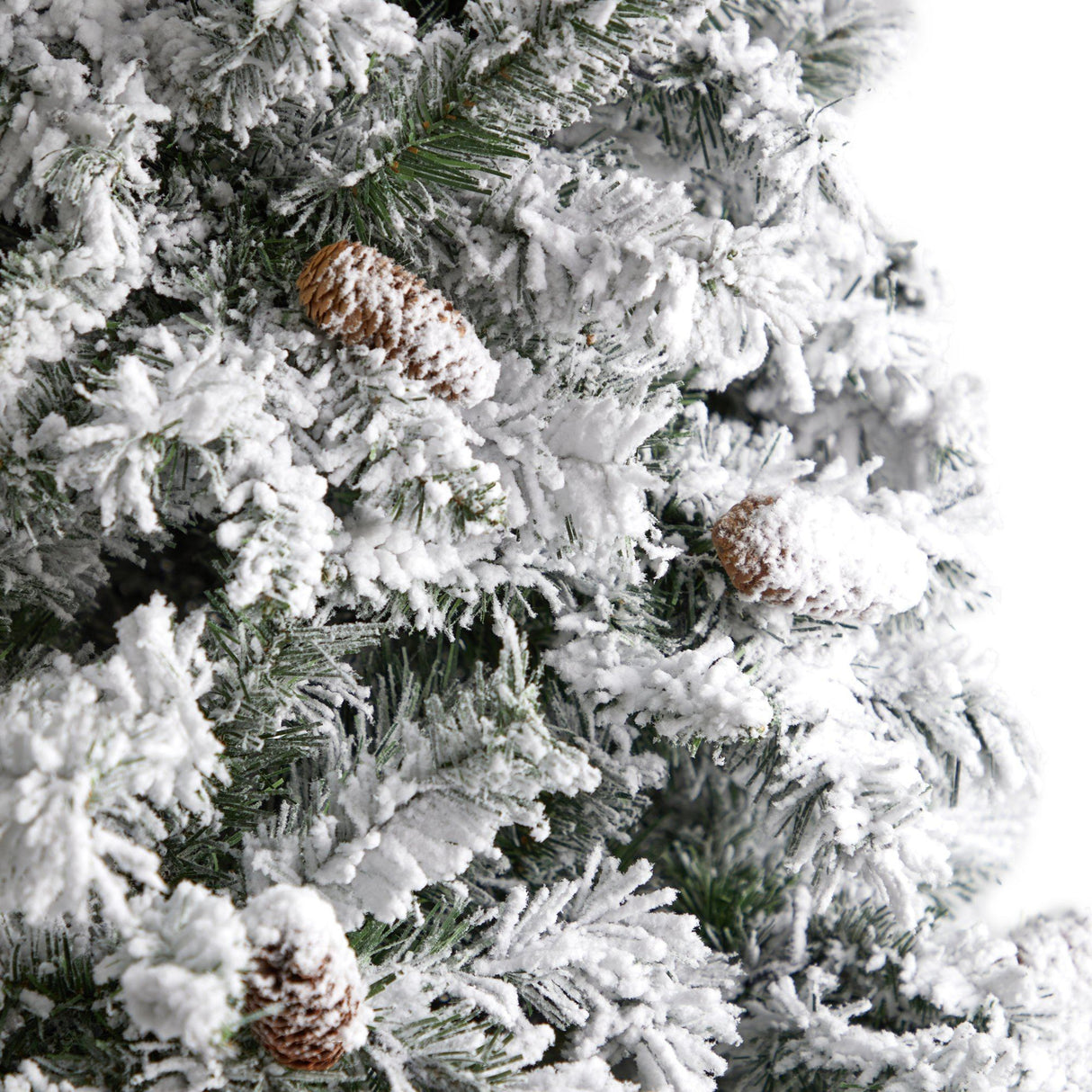 9' Flocked White River Mountain Pine Christmas Tree with Pinecones and 650 Clear LED Lights-Parc Decor