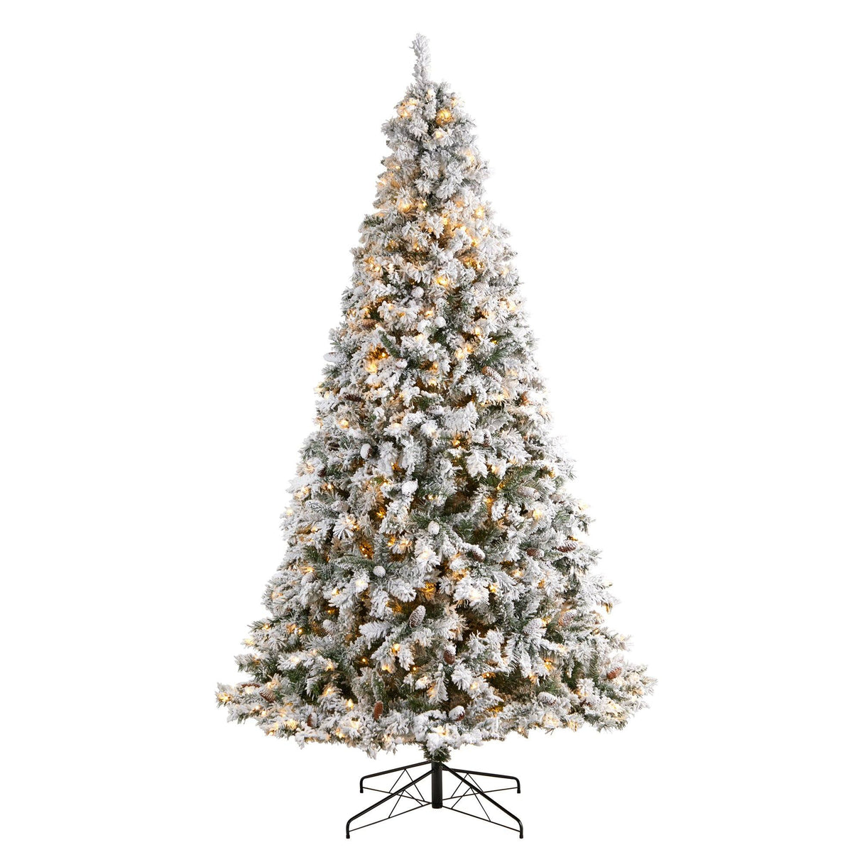 9' Flocked White River Mountain Pine Christmas Tree with Pinecones and 650 Clear LED Lights-Parc Decor